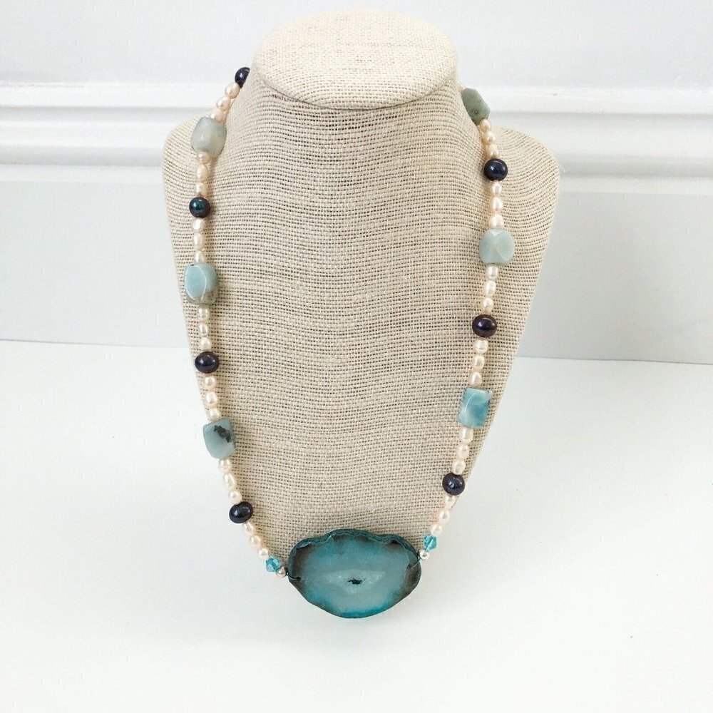 NWT Genuine Amazonite, Pearl, Agate & Czech Crystal Beaded Necklace Handmade